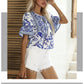 Women's Strappy Printed Bohemian Short-sleeved Shirt 19684748