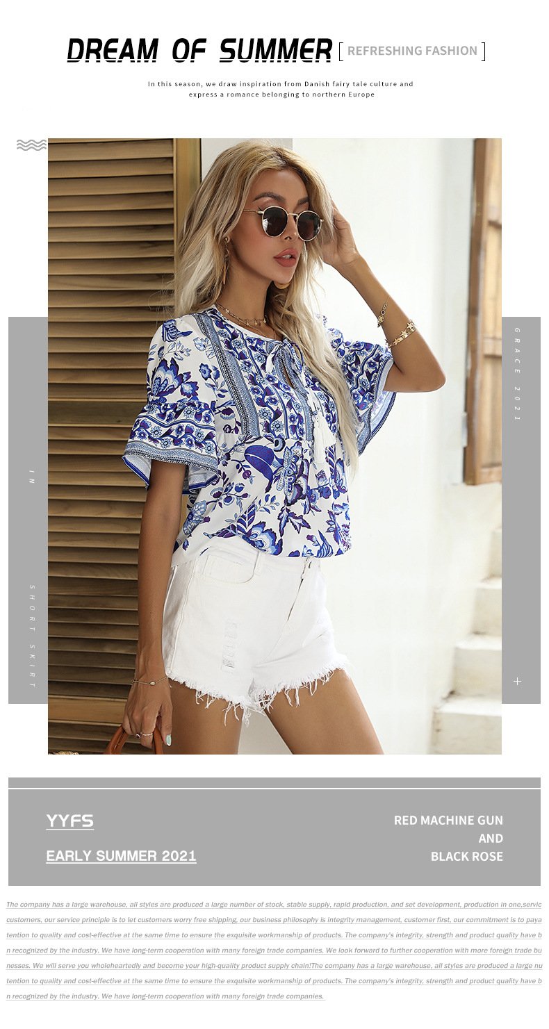 Women's Strappy Printed Bohemian Short-sleeved Shirt 19684748