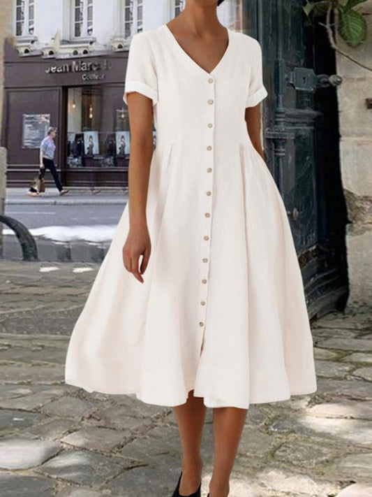 Cotton and Linen V-neck Everyday Shift Dress