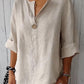 V-neck Cotton and Linen Buttoned Loose T-shirt