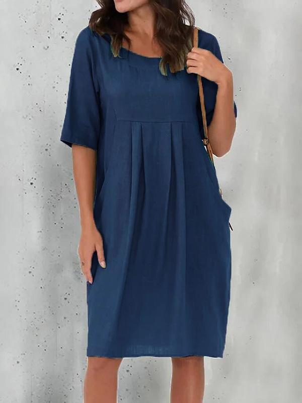 Cotton and Linen Pleated Versatile Everyday Midi Dress