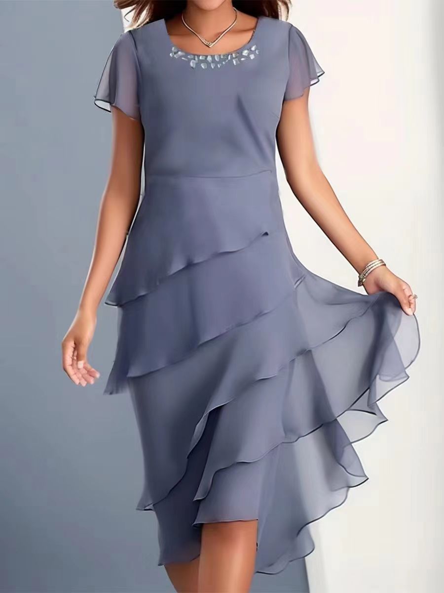 Round Neck Chiffon Short Sleeve Dress