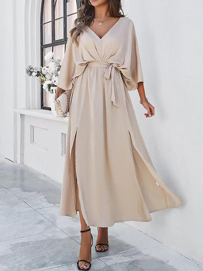 V-neck Satin Waist Maxi Dress