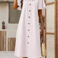 Cotton and Linen V-neck Decorative Round Button Short Sleeve Dress