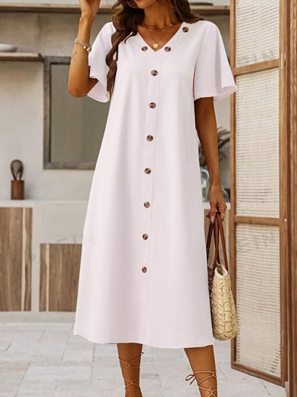 Cotton and Linen V-neck Decorative Round Button Short Sleeve Dress