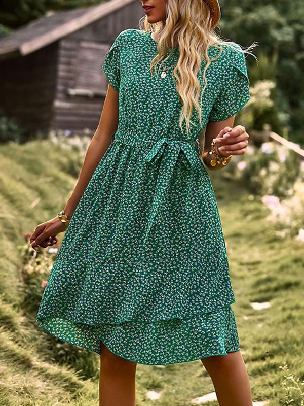 Round Neck Elegant Tie Waist Midi Dress