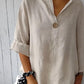 V-neck Cotton and Linen Buttoned Loose T-shirt