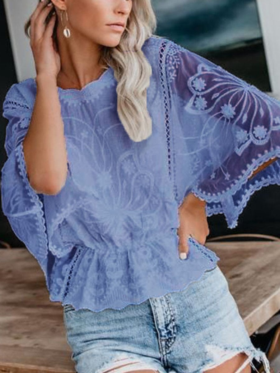 Lace Embroideried Chiffon Batwing Sleeves Blouse