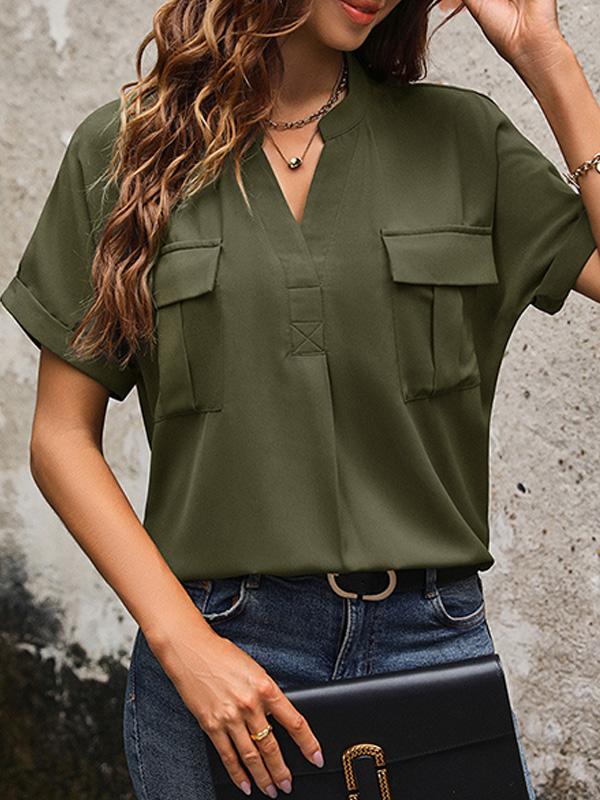 Solid Color V-neck Pocket Short-sleeved Shirt 22982116