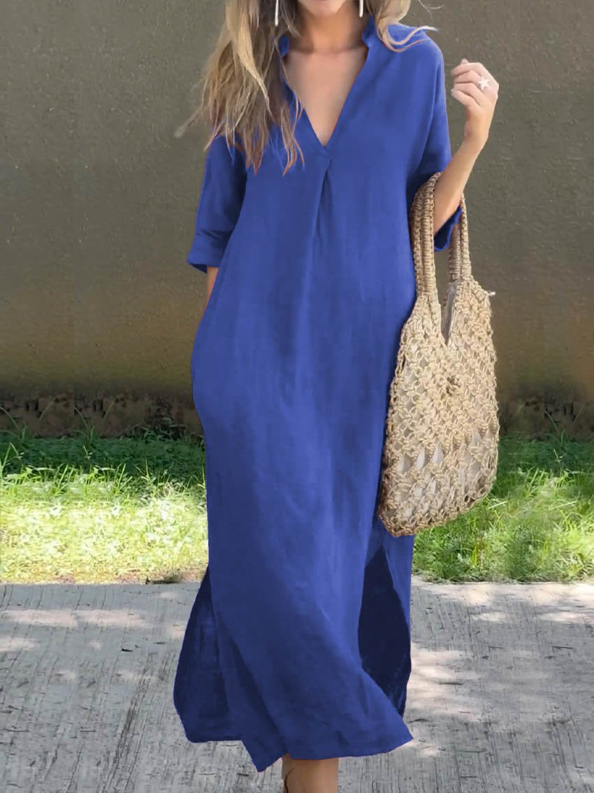 Women's Solid Color V-Neck Linen Pocket Dress