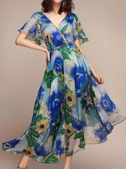 V-neck Ruffled Printed Maxi Dress