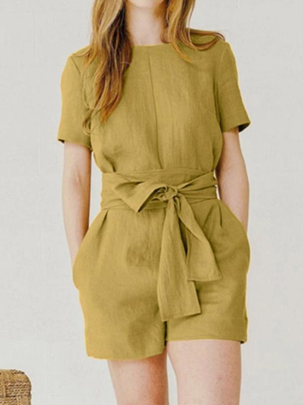 Casual Cotton and Linen Solid Color Belted Jumpsuit