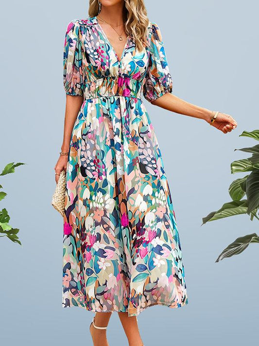 V Neck Floral Midi Dress