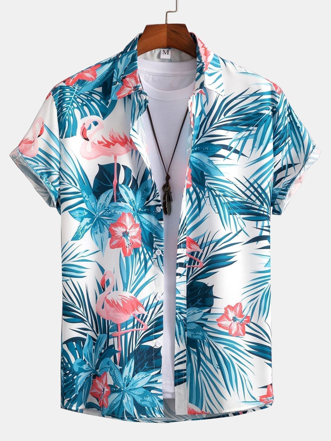 Buttoned Shirt with Tropical Flamingo Print and Short Swim Shorts