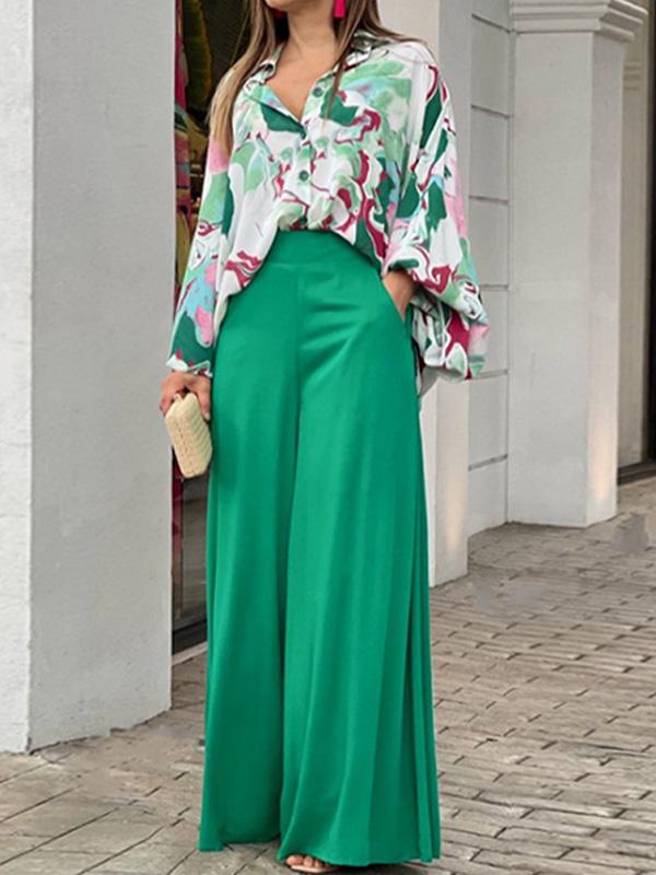 Loose Casual Printed Shirt and Wide-leg Pants Two-piece Set 51096975