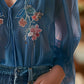 V-neck Embroidered Flower Long-sleeved Shirt