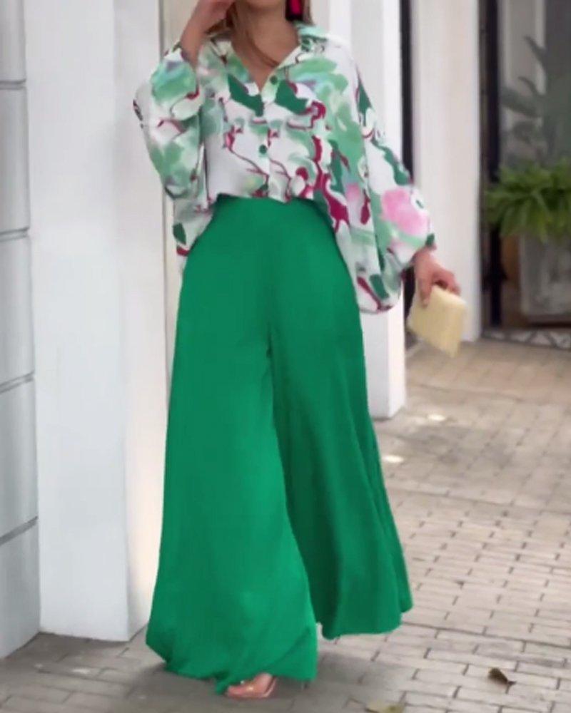 Loose Casual Printed Shirt and Wide-leg Pants Two-piece Set 51096975