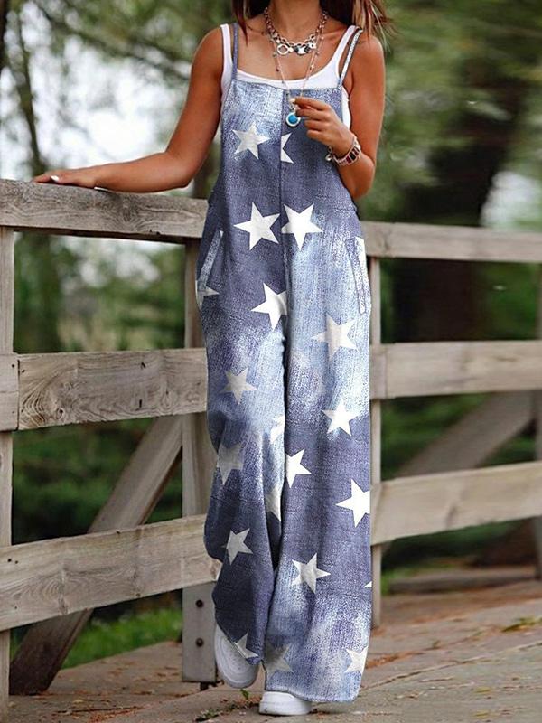 Fashion Printed Suspender Pocket Wide Leg Jumpsuit