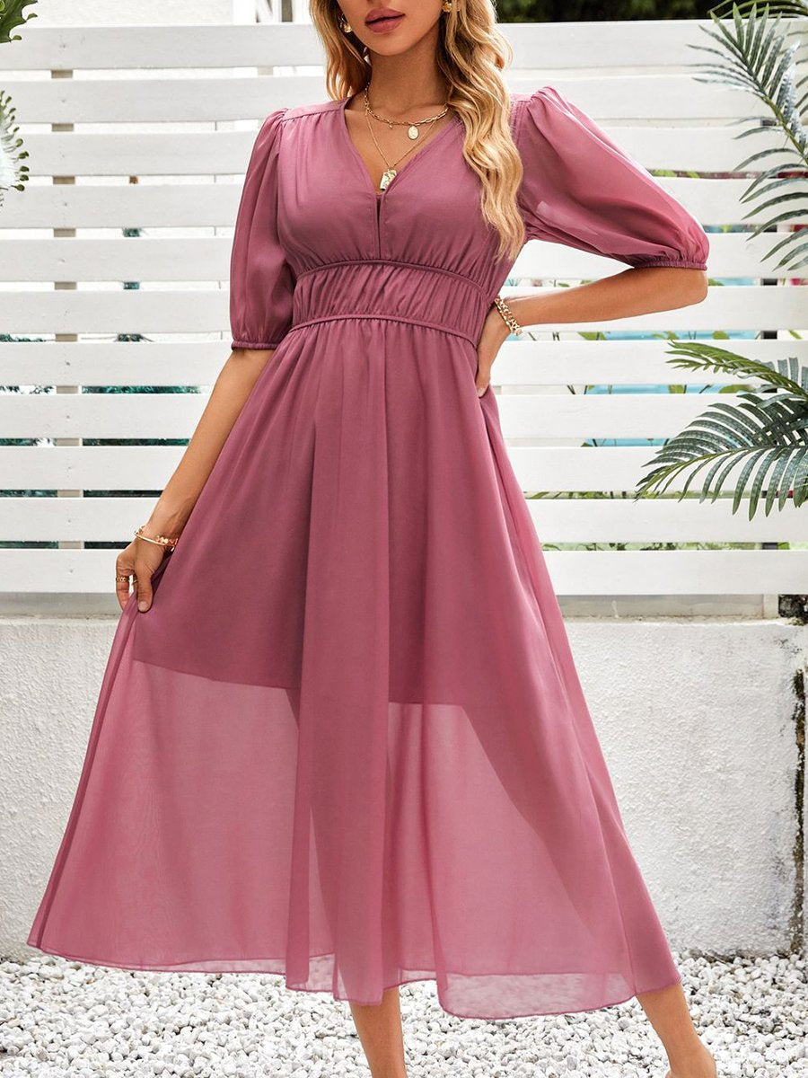 V-neck Button Elastic Waist Chiffon Dress