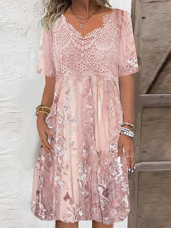 Short Sleeve Crewneck Lace Floral Print Midi Dress