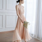 Gentle Pink Pleated Skirt High Waist Vest Dress