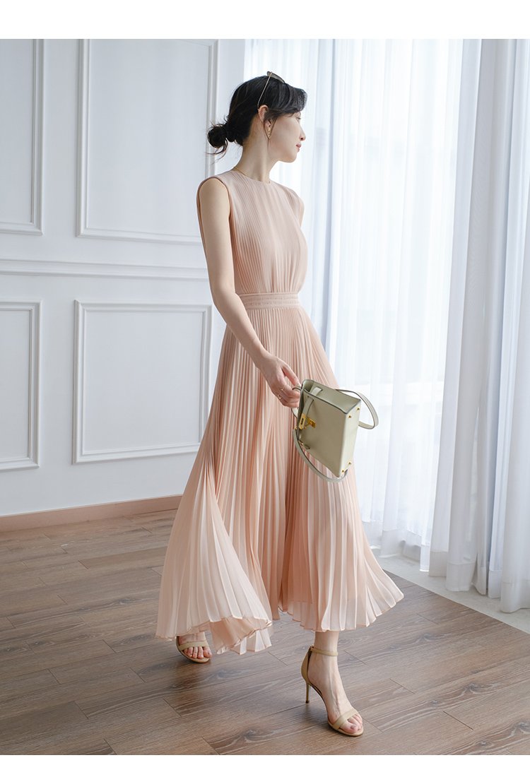 Gentle Pink Pleated Skirt High Waist Vest Dress