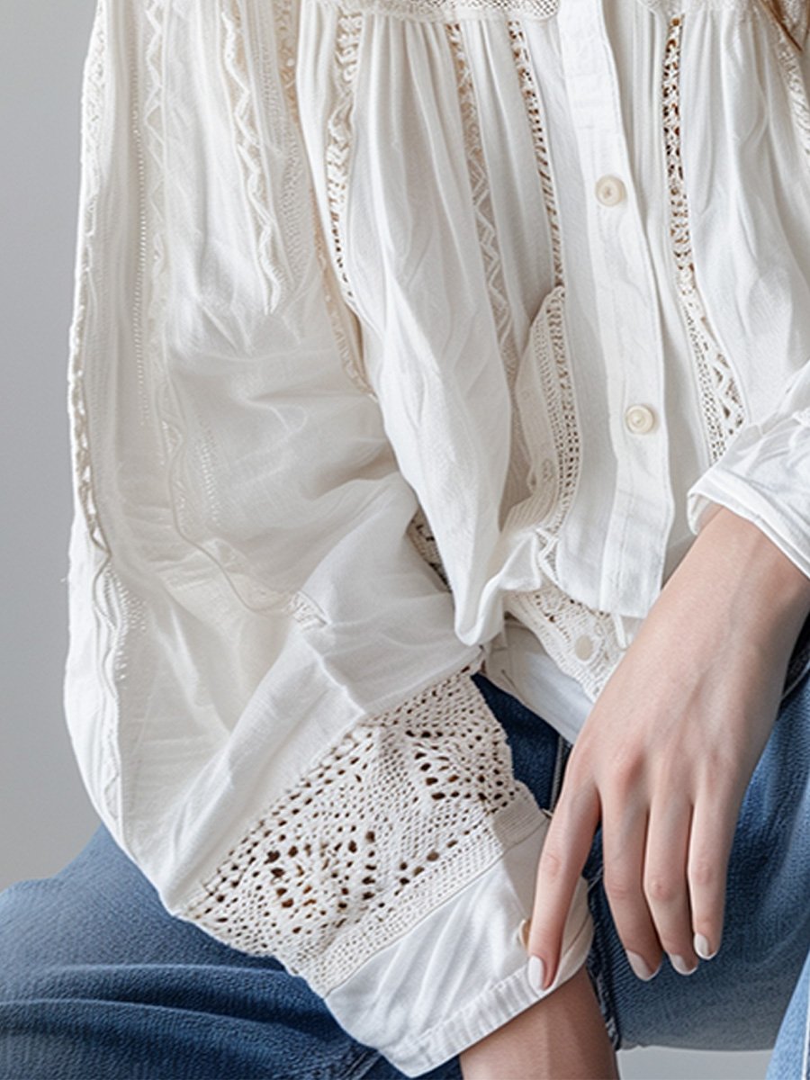 Cotton and Linen Hollow Stitching Long Sleeve Shirt