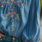 Cotton and Linen Embroidered V-Neck Long Sleeve Shirt