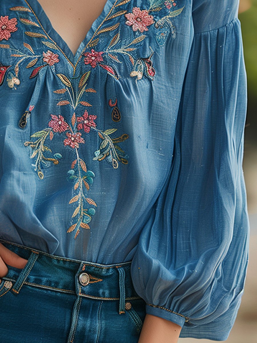 Cotton and Linen Embroidered V-Neck Long Sleeve Shirt