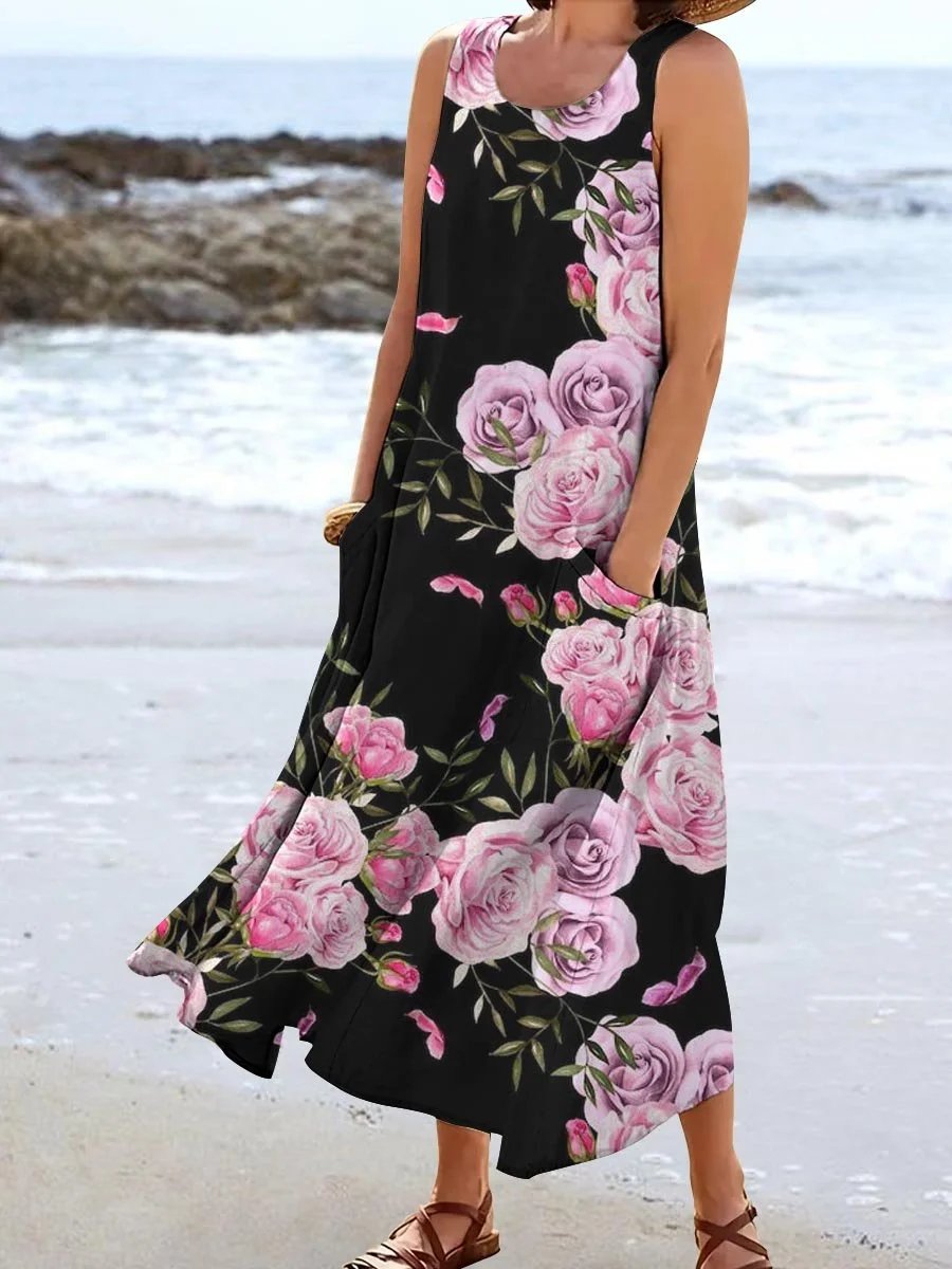 Round Neck Printed Cotton Linen Sleeveless Dress