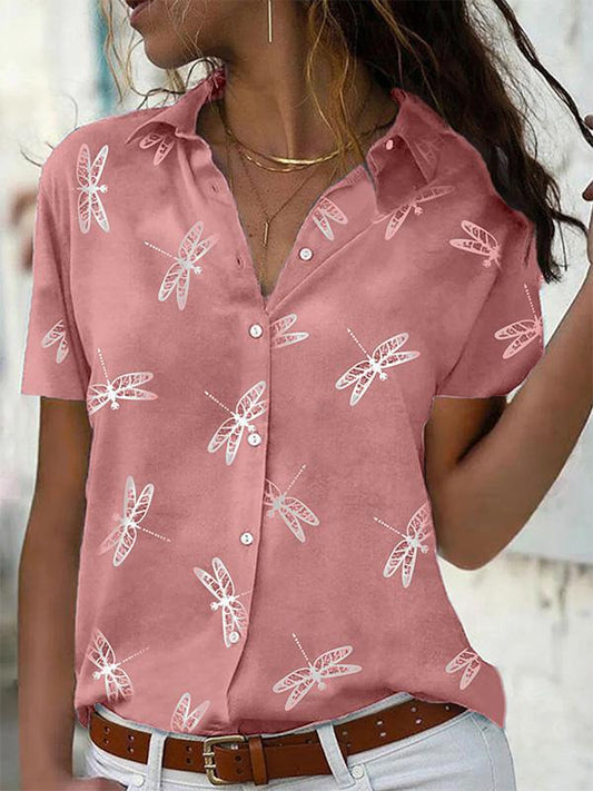 Dragonfly and Floral Print Short-sleeved Shirt