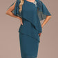 Blue Layered Cape Sleeve Asymmetric Neckline Shift Midi Dress