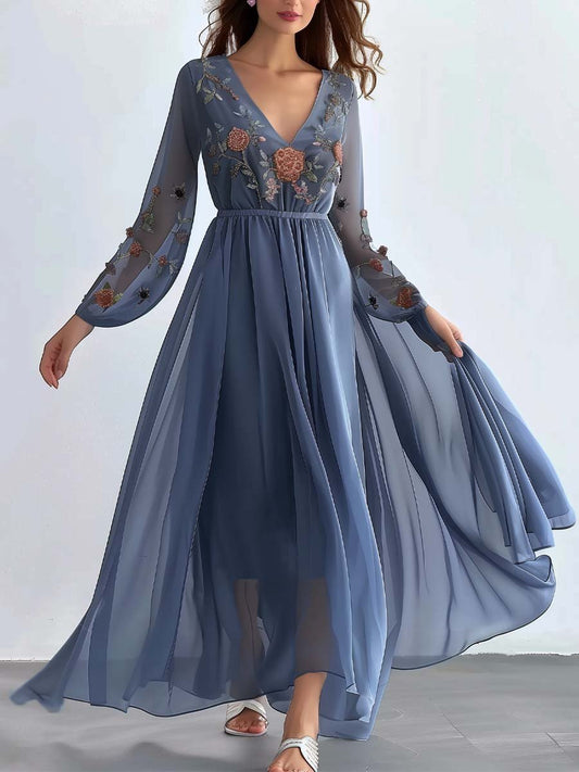 Elegant Embroidery V-Neck Long-Sleeved Dress