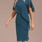 Blue Layered Cape Sleeve Asymmetric Neckline Shift Midi Dress