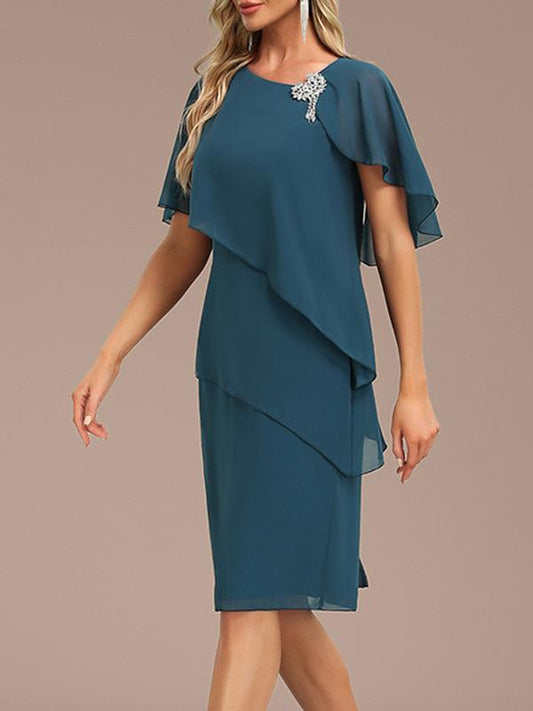 Blue Layered Cape Sleeve Asymmetric Neckline Shift Midi Dress