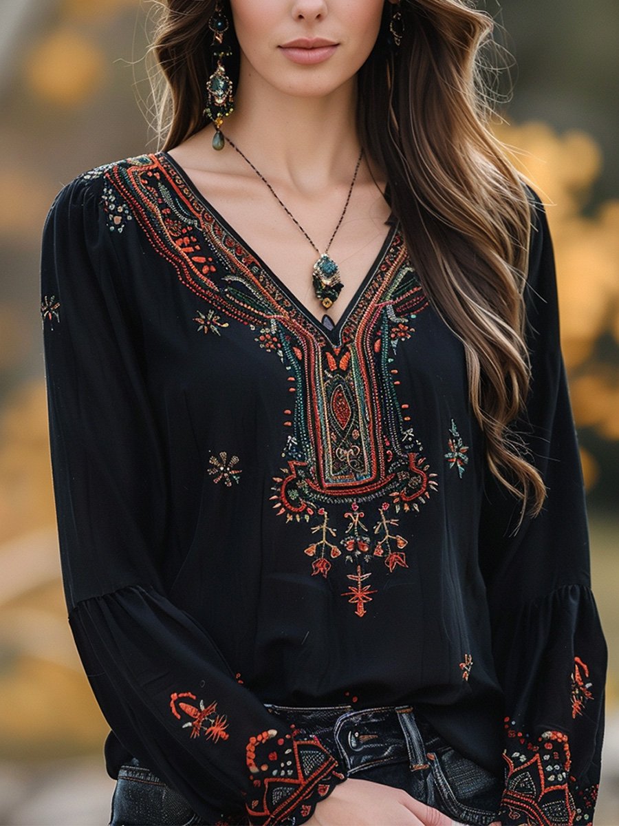 Embroidered V-neck Everyday Top