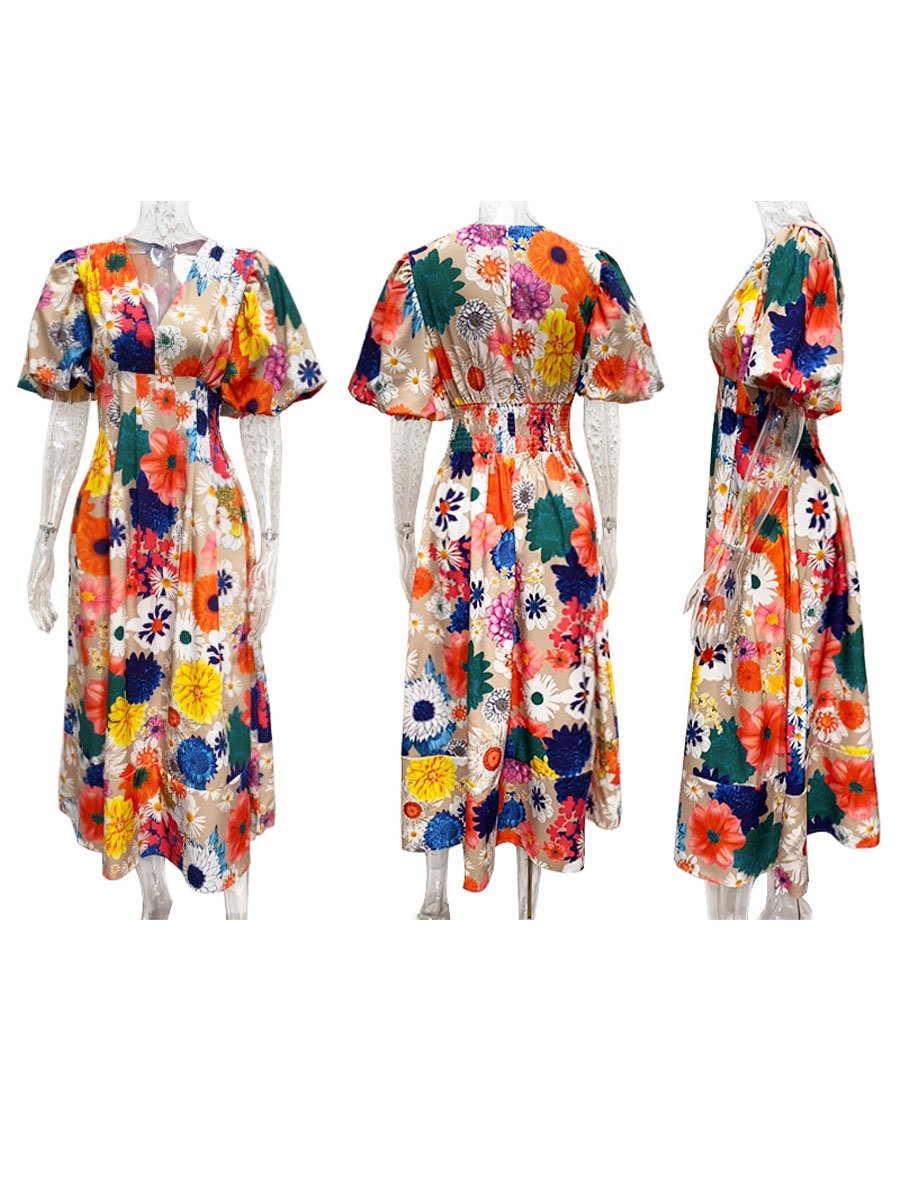 Printed Bubble Sleeve A-Line Dress