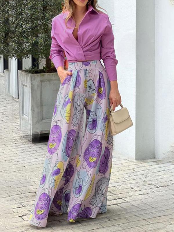 Casual Shirt and Printed Wide-leg Pants Set