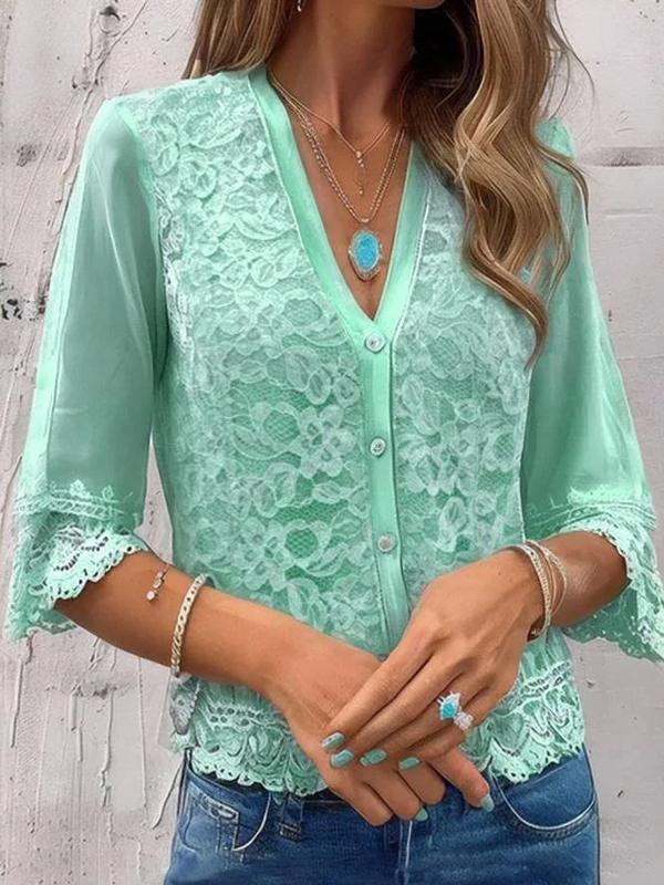 Lace Trim V-neck Cardigan Blouse