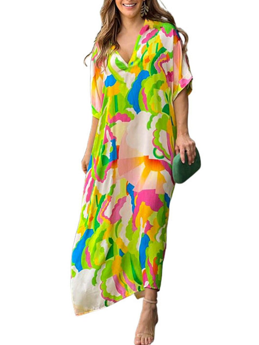 Printed Short Sleeved Long Dress