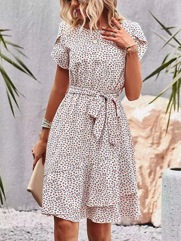 Round Neck Elegant Tie Waist Midi Dress