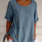 Cotton and Linen Round Neck Elbow Sleeve Button Top