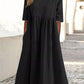 Cotton And Linen Casual Short Sleeve Pocket Pleated Loose Round Neck Dress