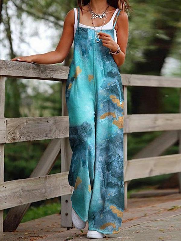 Fashion Printed Suspender Pocket Wide Leg Jumpsuit