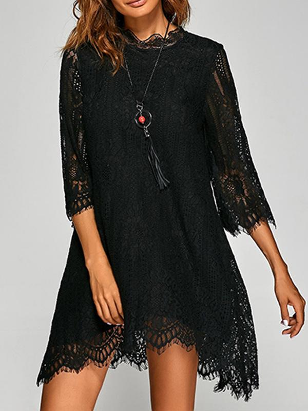 Solid Color Lace Embroidered Shift Dress