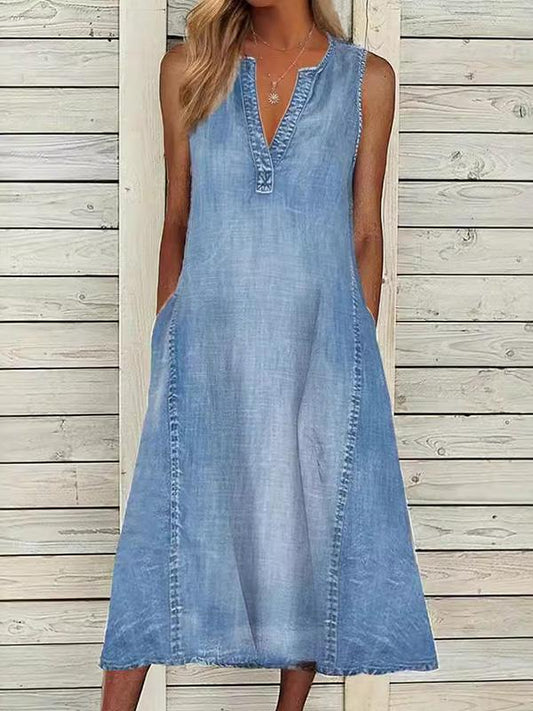 Retro Denim Sleeveless V-neck Versatile Midi Dress