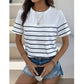 Women's Knitted Striped Button Round Neck Short Sleeve T-Shirt 26924936YM