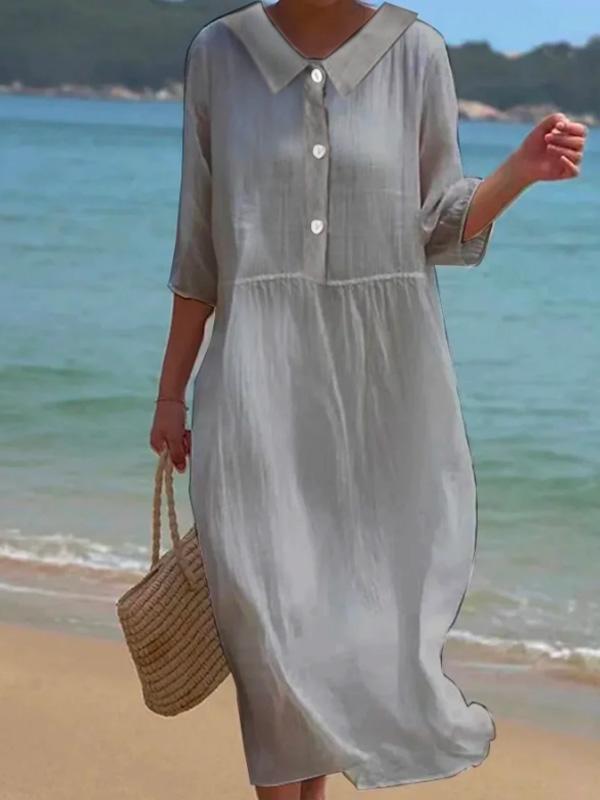 Pure Cotton Lapel Everyday Versatile Mid-length Dress