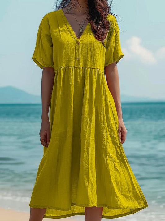 Half-buttoned Cotton and Linen Short Sleeves Dress