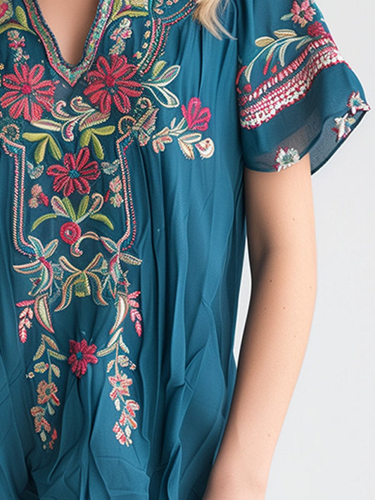 Embroidered V-neck Cotton and Linen Short-sleeved Top